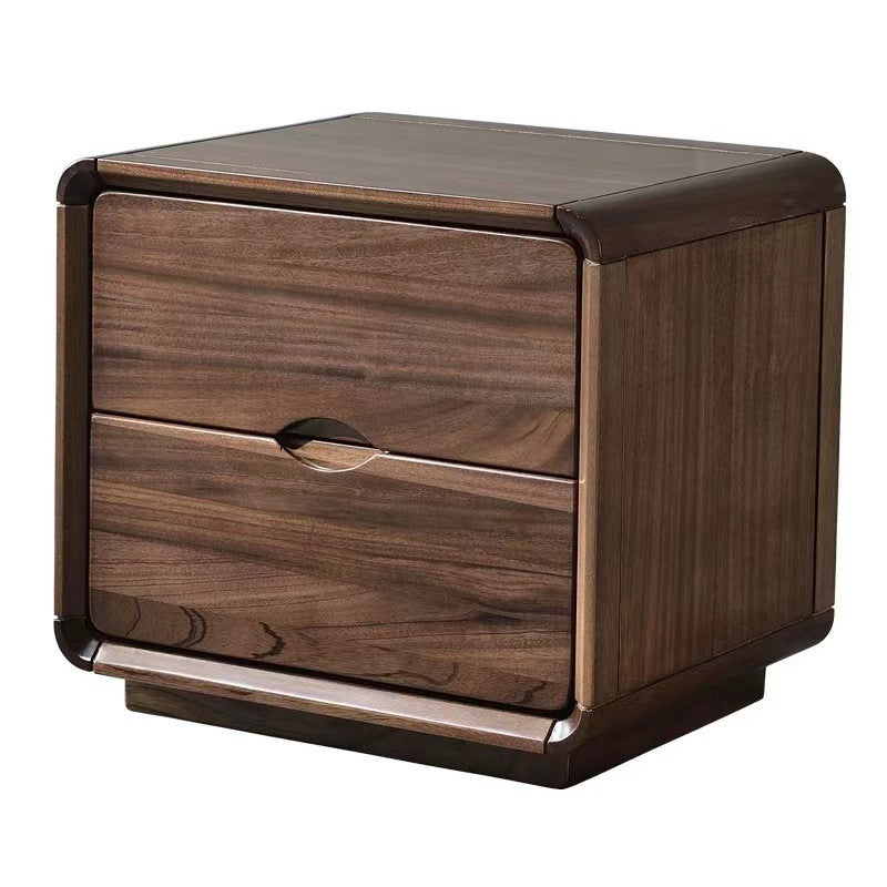 Contemporary Nordic Solid Wood Black Walnut Square Nightstand With 2 Drawers For Bedroom Storage