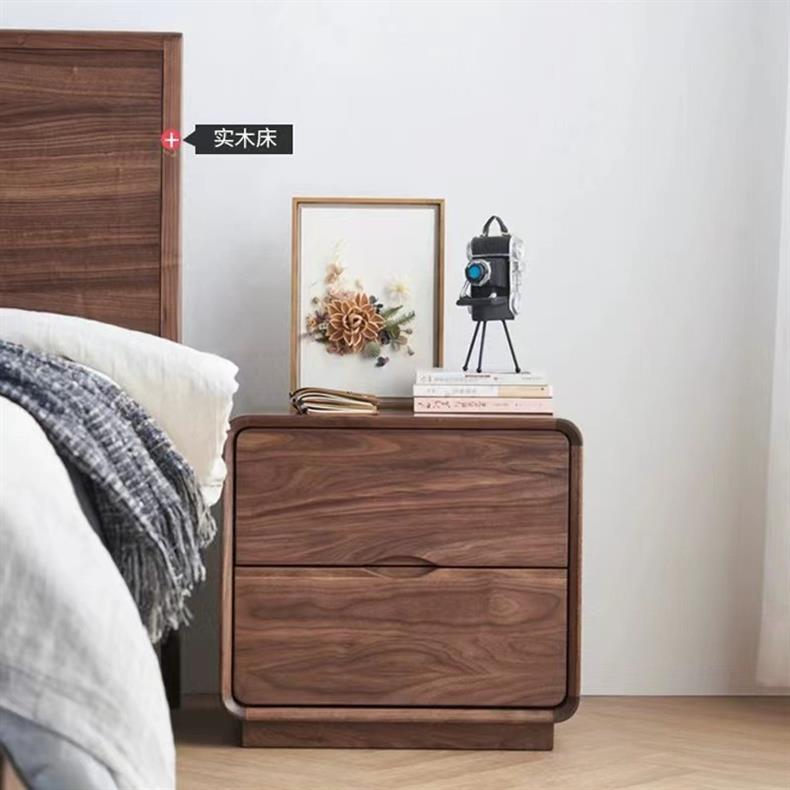 Contemporary Nordic Solid Wood Black Walnut Square Nightstand With 2 Drawers For Bedroom Storage