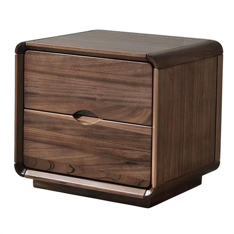 Contemporary Nordic Solid Wood Black Walnut Square Nightstand With 2 Drawers For Bedroom Storage