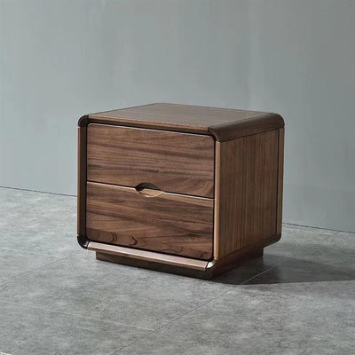 Contemporary Nordic Solid Wood Black Walnut Square Nightstand With 2 Drawers For Bedroom Storage
