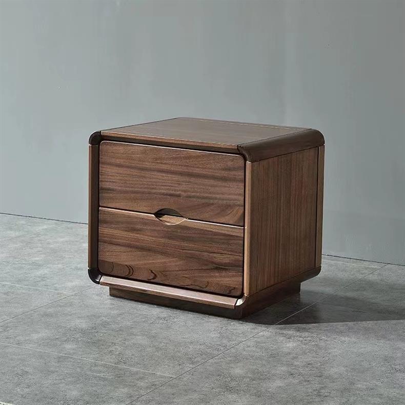 Contemporary Nordic Solid Wood Black Walnut Square Nightstand With 2 Drawers For Bedroom Storage