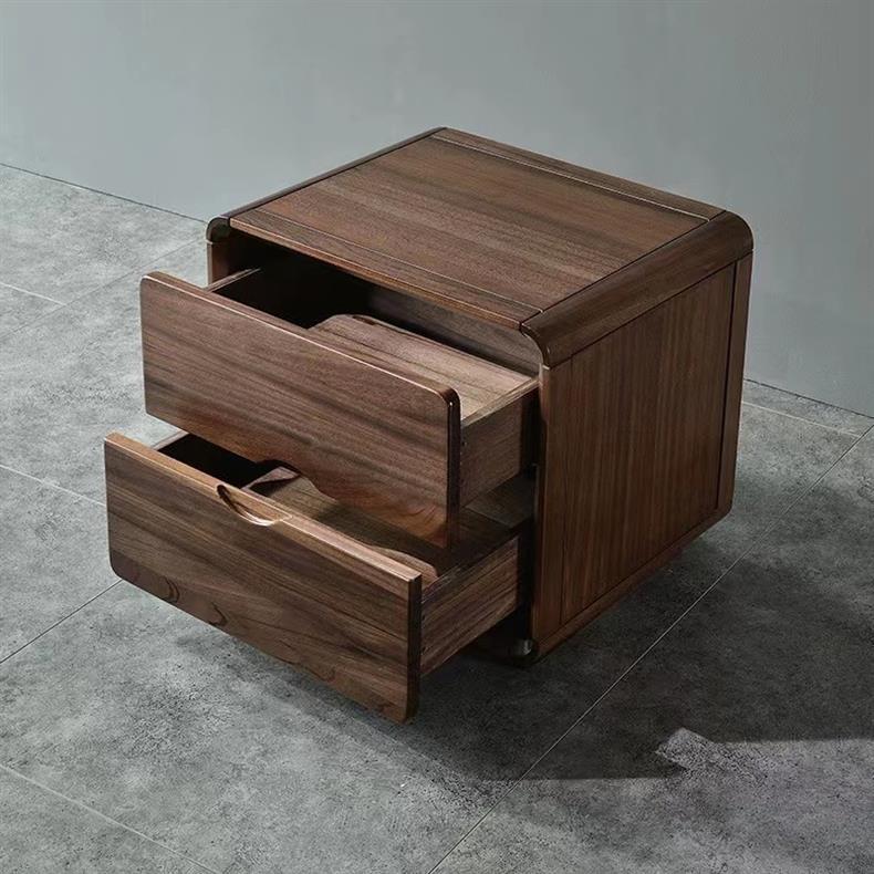 Contemporary Nordic Solid Wood Black Walnut Square Nightstand With 2 Drawers For Bedroom Storage