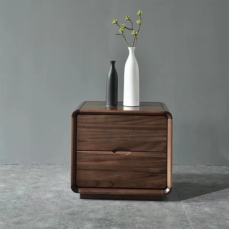 Contemporary Nordic Solid Wood Black Walnut Square Nightstand With 2 Drawers For Bedroom Storage