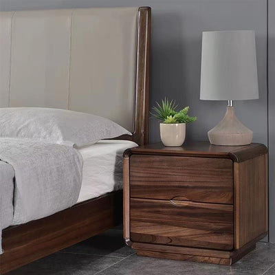 Contemporary Nordic Solid Wood Black Walnut Square Nightstand With 2 Drawers For Bedroom Storage