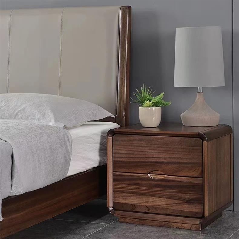 Contemporary Nordic Solid Wood Black Walnut Square Nightstand With 2 Drawers For Bedroom Storage