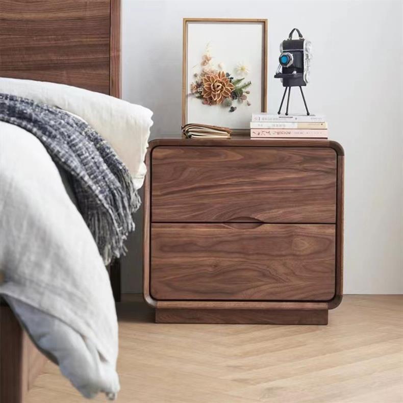 Contemporary Nordic Solid Wood Black Walnut Square Nightstand With 2 Drawers For Bedroom Storage