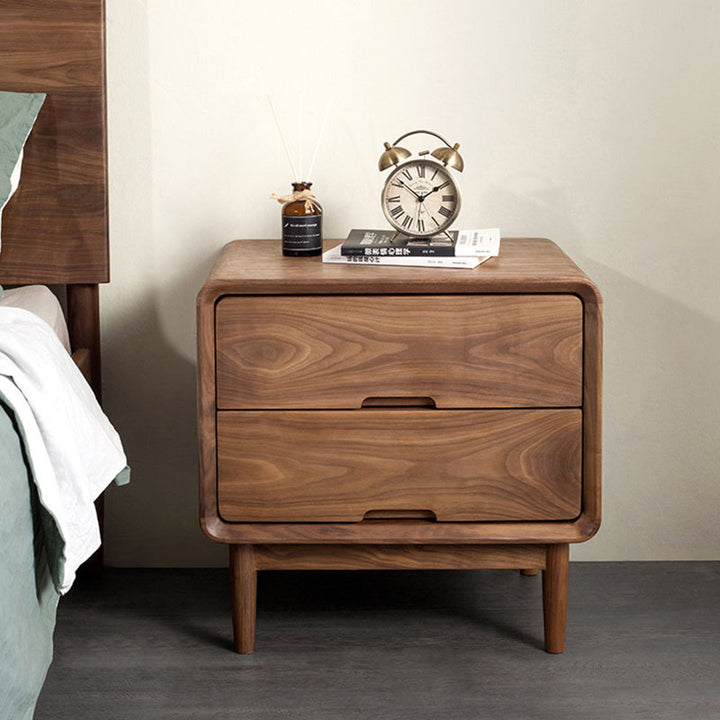 Table de chevet carré en noyer noir japonais traditionnel avec 2 tiroirs pour chambre 
