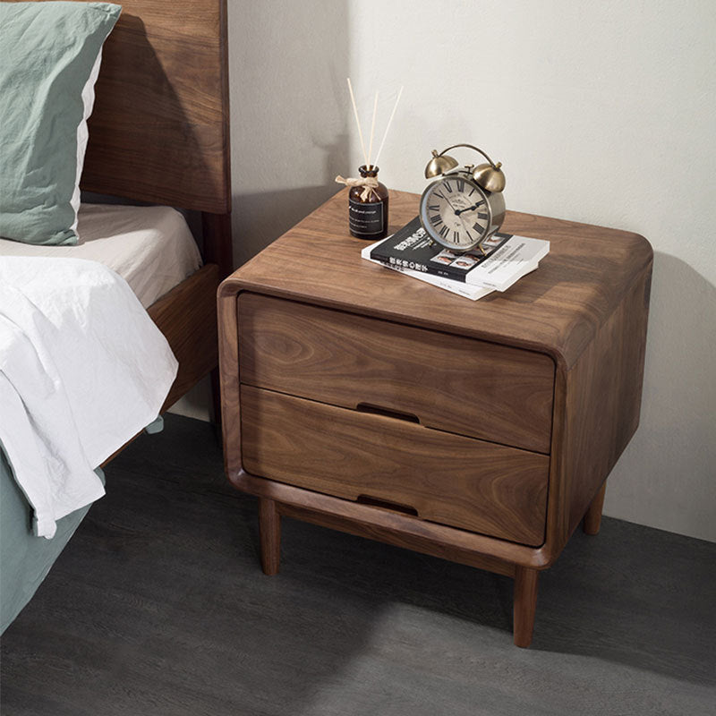 Table de chevet carré en noyer noir japonais traditionnel avec 2 tiroirs pour chambre 