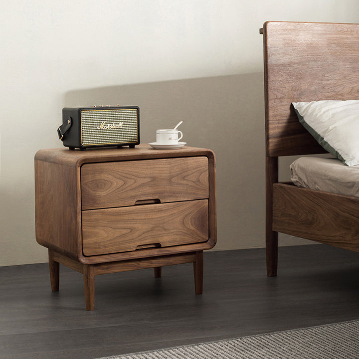 Table de chevet carré en noyer noir japonais traditionnel avec 2 tiroirs pour chambre 