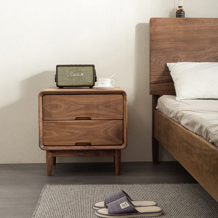 Table de chevet carré en noyer noir japonais traditionnel avec 2 tiroirs pour chambre 