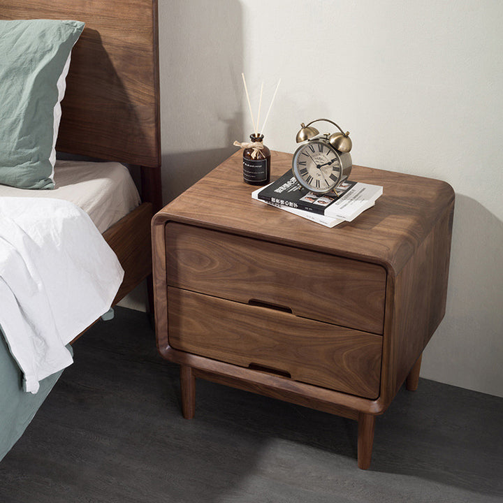 Table de chevet carré en noyer noir japonais traditionnel avec 2 tiroirs pour chambre 
