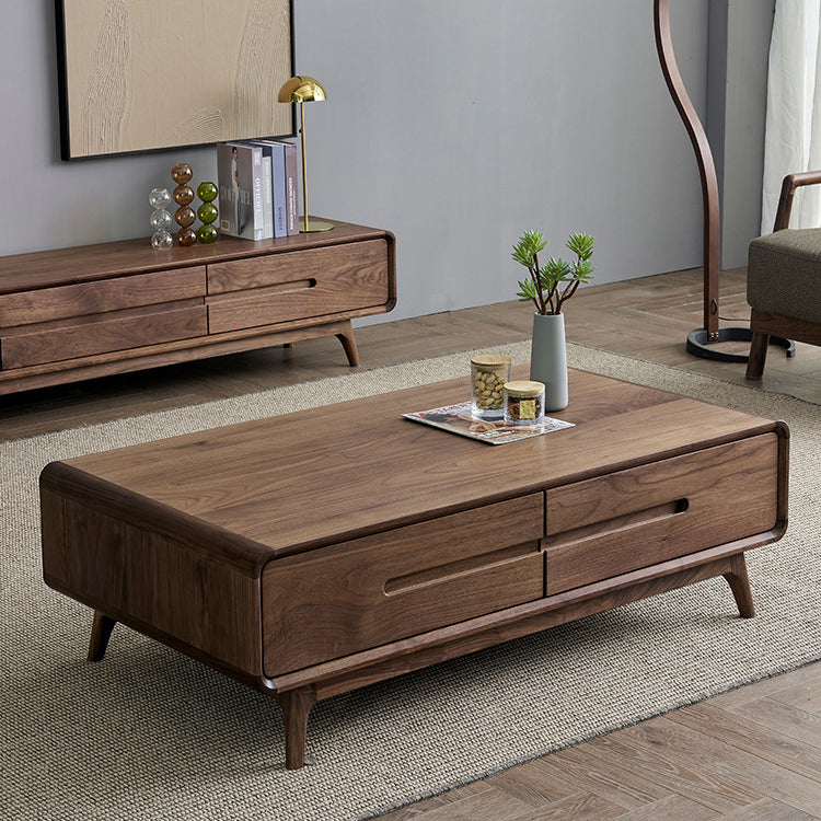 Traditional Chinese Black Walnut Rounded Rectangular Coffee Table With 2 Drawers For Living Room