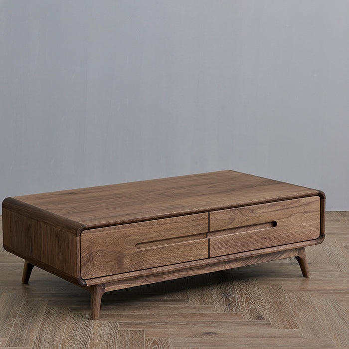 Table basse rectangulaire arrondie en noyer noir chinois traditionnel avec 2 tiroirs pour salon 