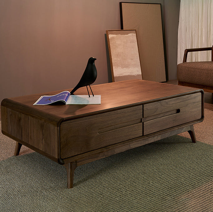Table basse rectangulaire arrondie en noyer noir chinois traditionnel avec 2 tiroirs pour salon 