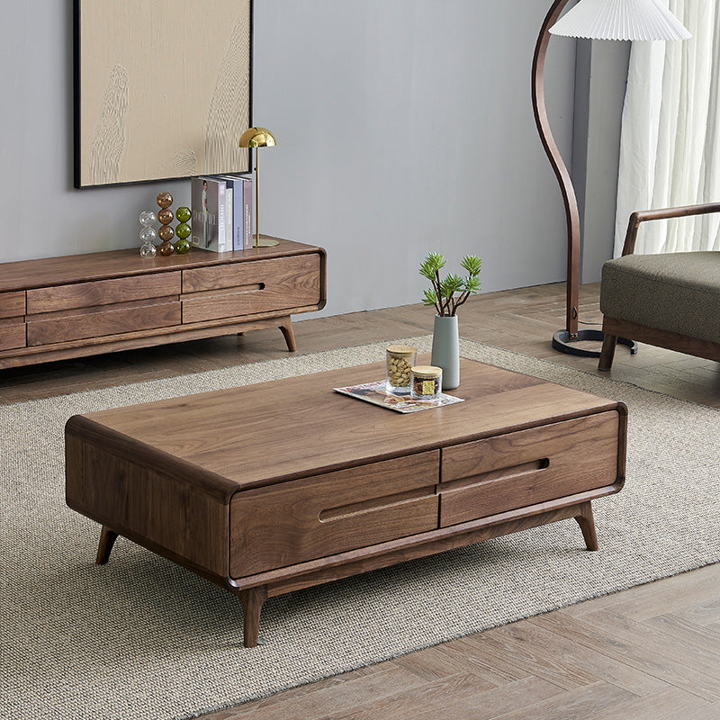 Traditional Chinese Black Walnut Rounded Rectangular Coffee Table With 2 Drawers For Living Room