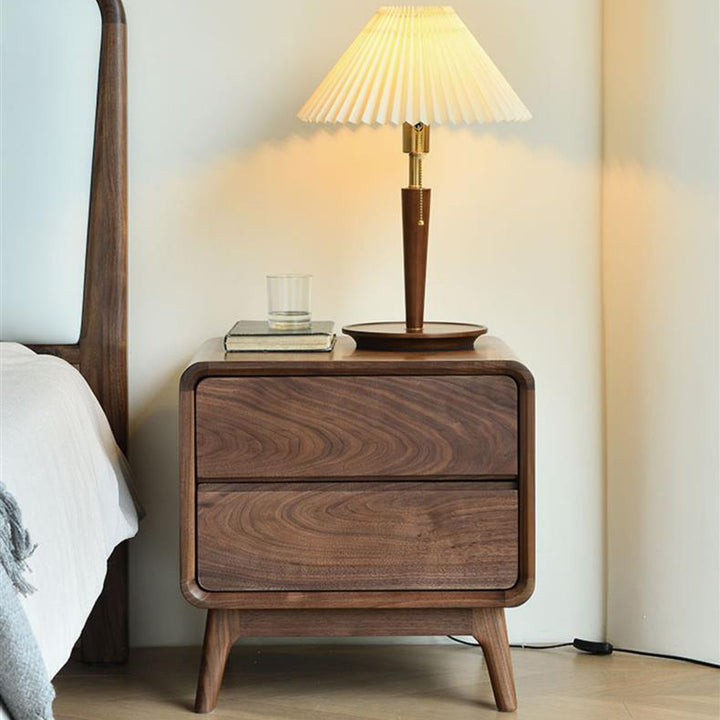 Table de nuit carrée arrondie en noyer noir minimaliste moderne avec 2 tiroirs pour chambre 