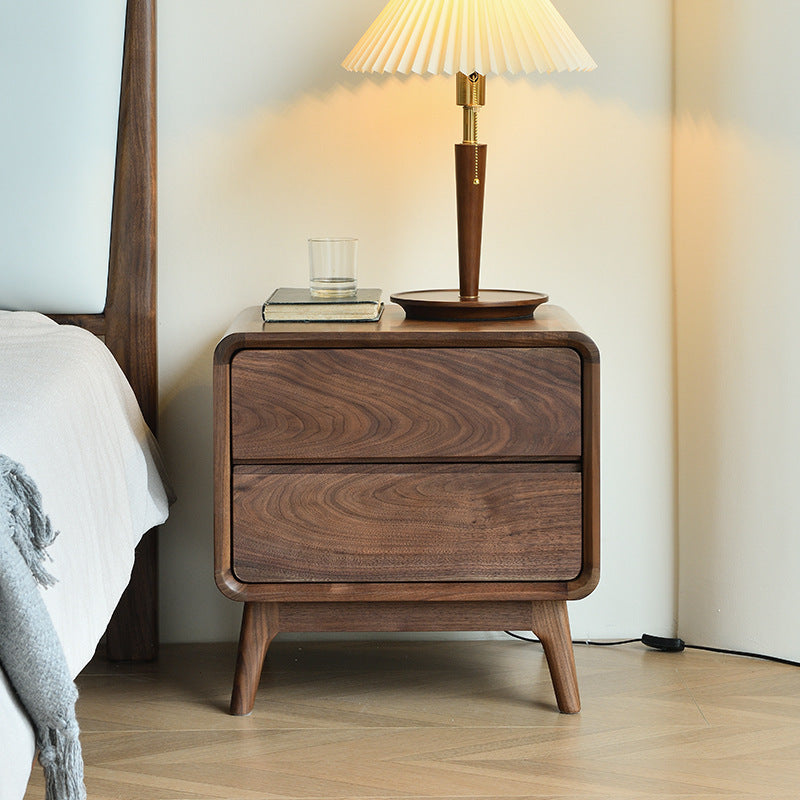Table de nuit carrée arrondie en noyer noir minimaliste moderne avec 2 tiroirs pour chambre 