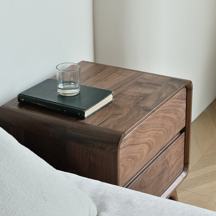 Table de nuit carrée arrondie en noyer noir minimaliste moderne avec 2 tiroirs pour chambre 