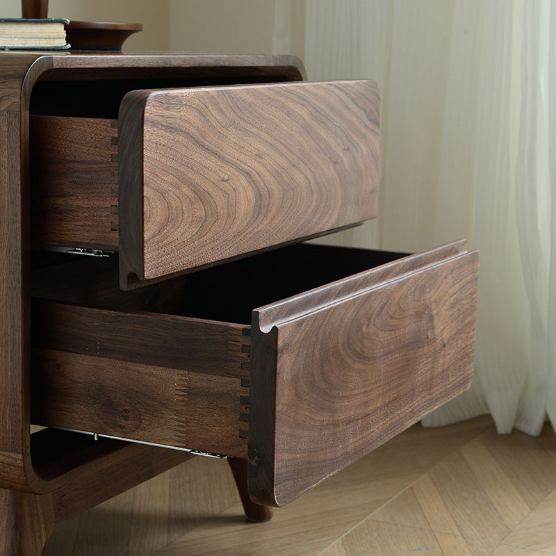 Table de nuit carrée arrondie en noyer noir minimaliste moderne avec 2 tiroirs pour chambre 