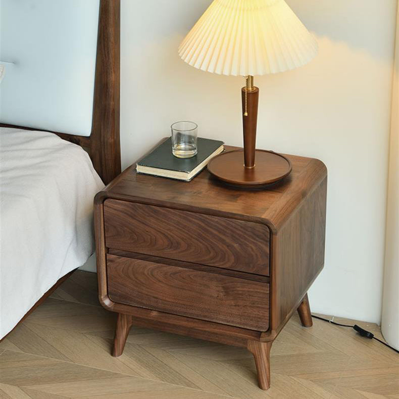 Table de nuit carrée arrondie en noyer noir minimaliste moderne avec 2 tiroirs pour chambre 