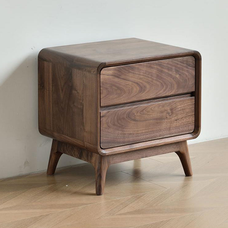 Modern Minimalist Black Walnut Rounded Square Nightstand With 2 Drawers For Bedroom