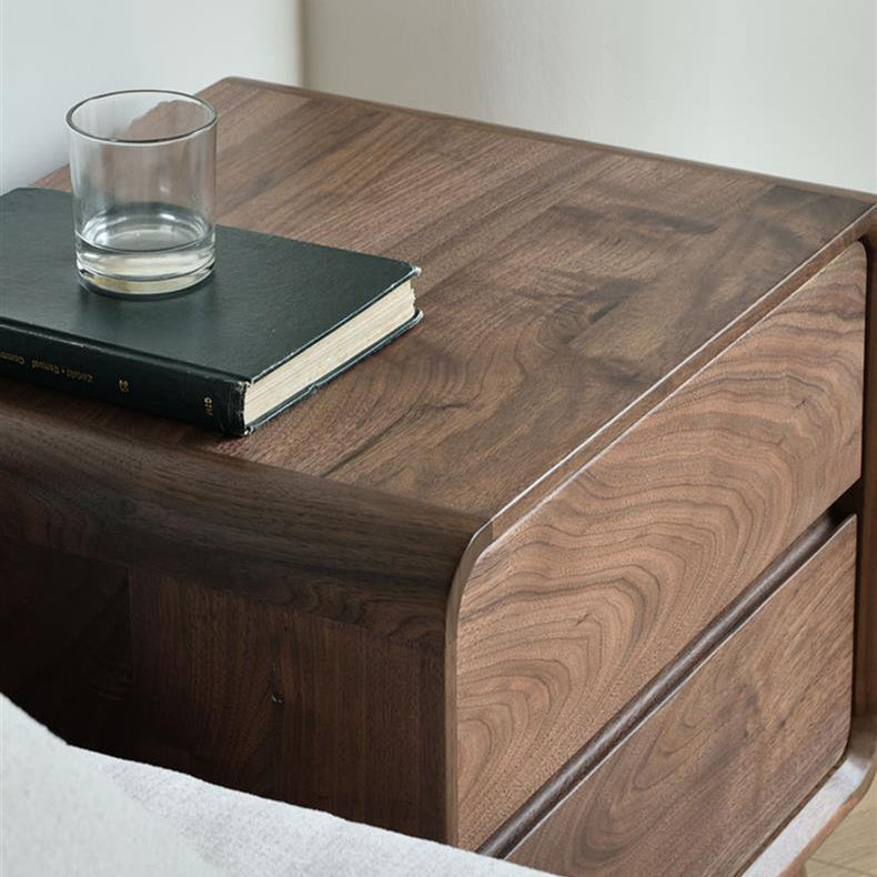 Table de nuit carrée arrondie en noyer noir minimaliste moderne avec 2 tiroirs pour chambre 
