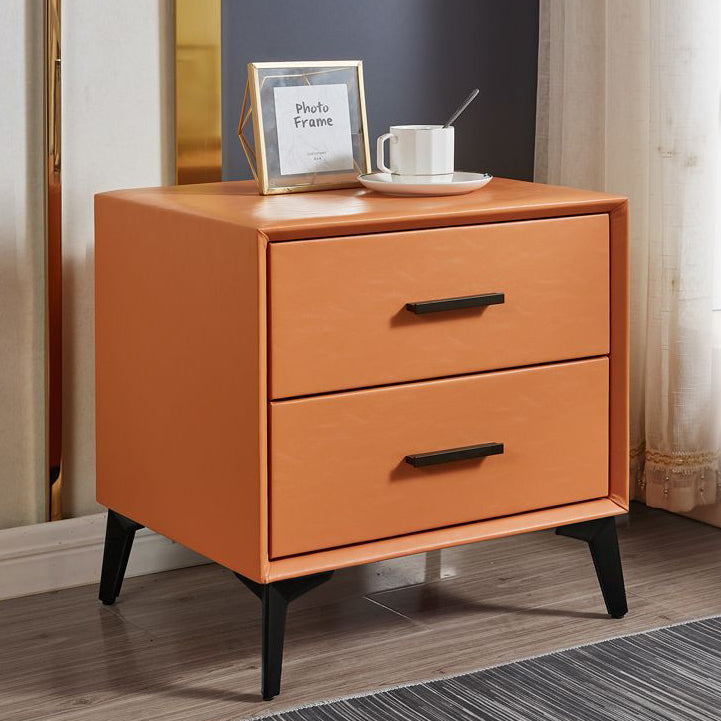 Modern Minimalist Medium-Density Fiberboard PU Leather Metal Square Nightstand With 2 Drawers For Bedroom