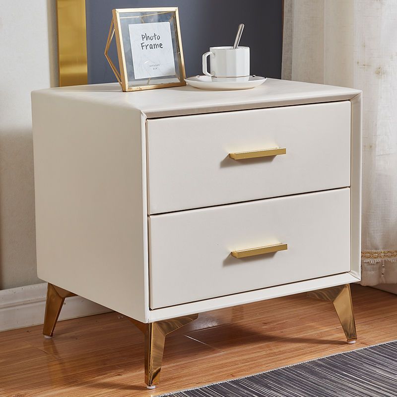 Modern Minimalist Medium-Density Fiberboard PU Leather Metal Square Nightstand With 2 Drawers For Bedroom
