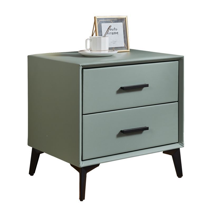 Modern Minimalist Medium-Density Fiberboard PU Leather Metal Square Nightstand With 2 Drawers For Bedroom
