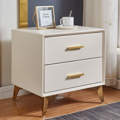 Modern Minimalist Medium-Density Fiberboard PU Leather Metal Square Nightstand With 2 Drawers For Bedroom