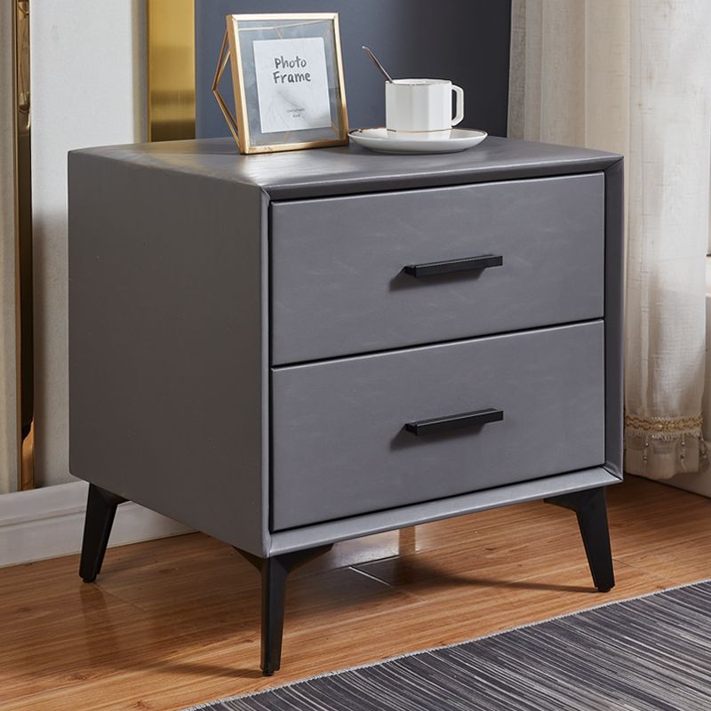 Modern Minimalist Medium-Density Fiberboard PU Leather Metal Square Nightstand With 2 Drawers For Bedroom