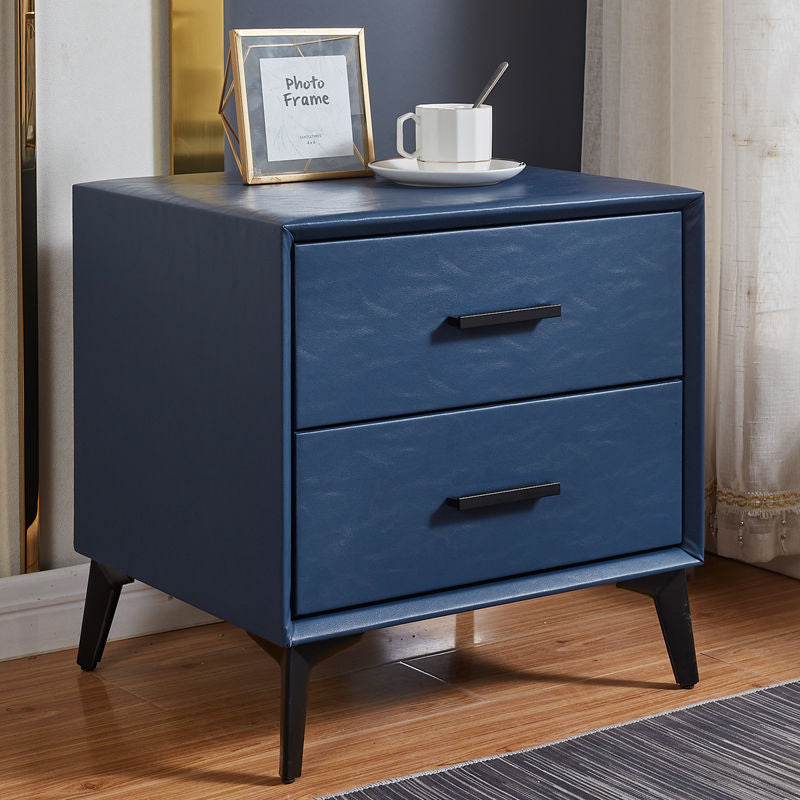 Modern Minimalist Medium-Density Fiberboard PU Leather Metal Square Nightstand With 2 Drawers For Bedroom