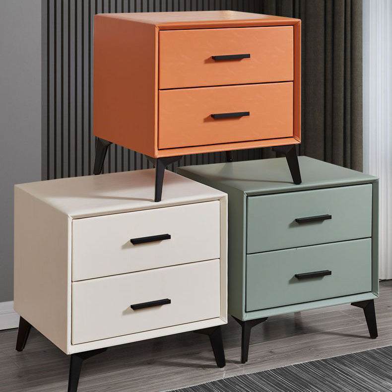 Modern Minimalist Medium-Density Fiberboard PU Leather Metal Square Nightstand With 2 Drawers For Bedroom