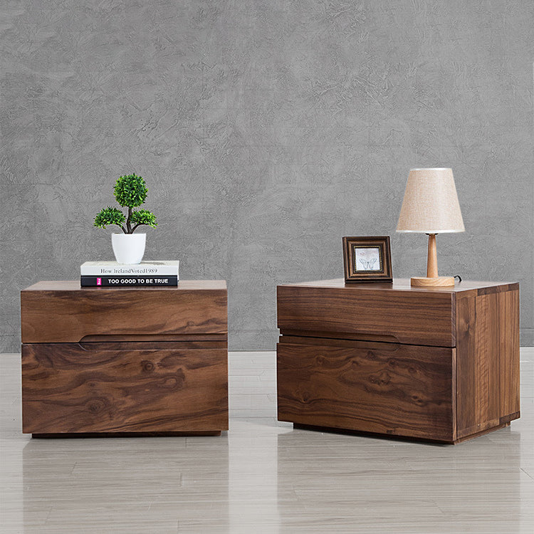 Modern Minimalist Cherry & Black Walnut Rounded Rectangular Nightstand With 2 Drawers For Bedroom