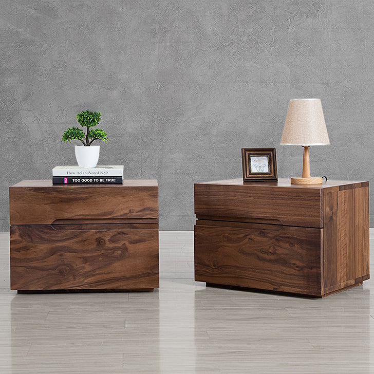 Modern Minimalist Cherry & Black Walnut Rounded Rectangular Nightstand With 2 Drawers For Bedroom