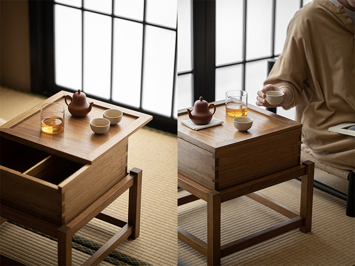 Traditional Japanese Solid Wood Square Side Table 1-Tier For Living Room