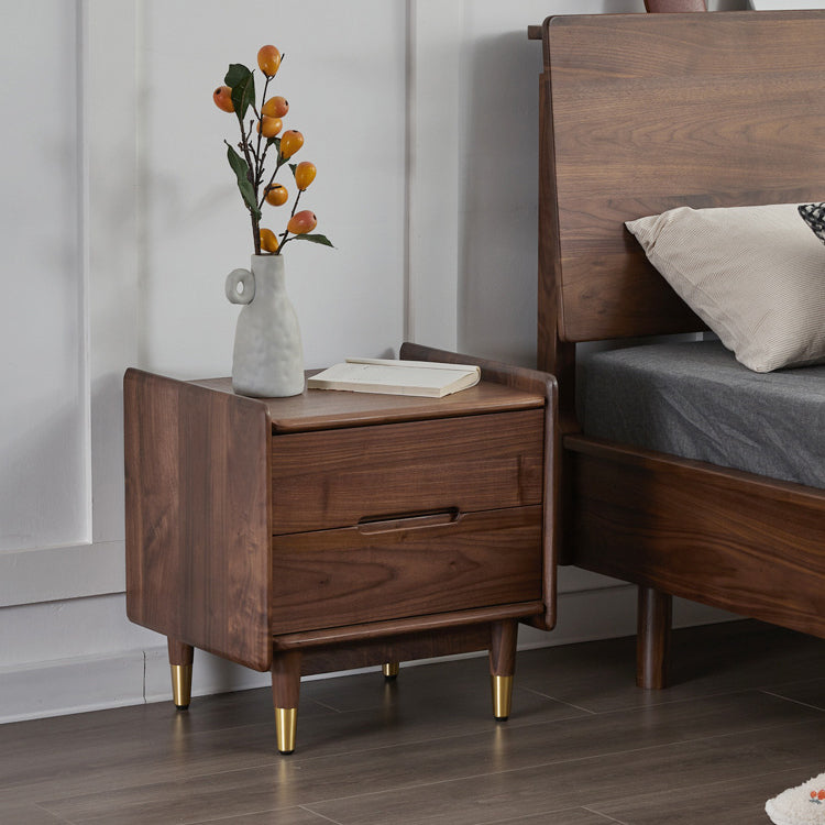 Table de nuit carrée contemporaine scandinave en noyer noir avec 2 tiroirs pour chambre 