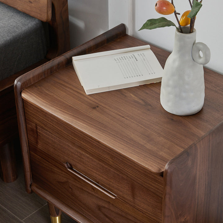 Table de nuit carrée contemporaine scandinave en noyer noir avec 2 tiroirs pour chambre 