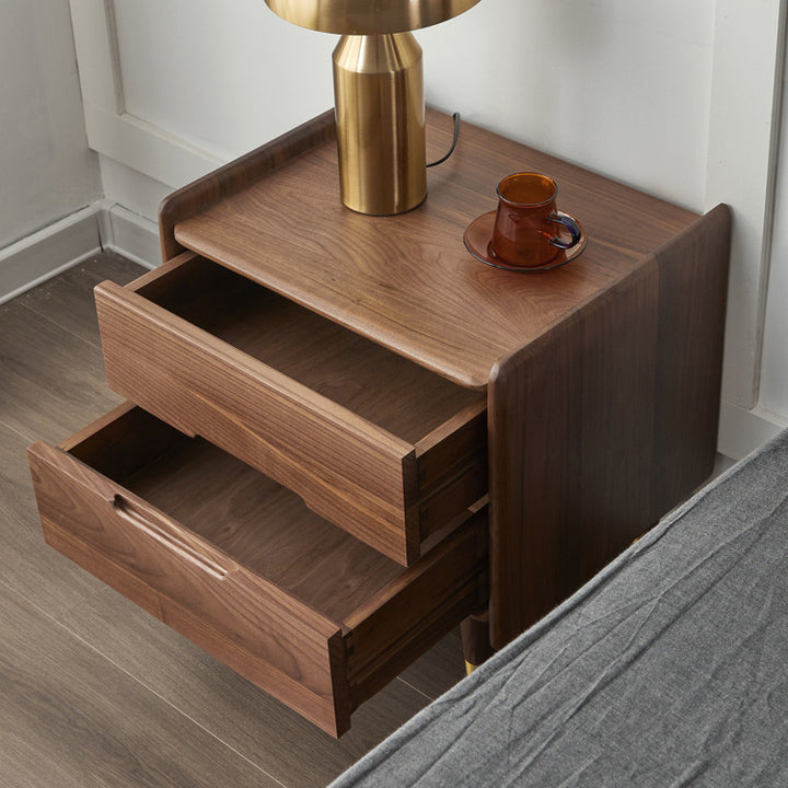 Table de nuit carrée contemporaine scandinave en noyer noir avec 2 tiroirs pour chambre 