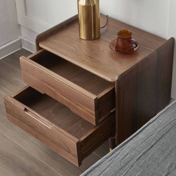 Table de nuit carrée contemporaine scandinave en noyer noir avec 2 tiroirs pour chambre 