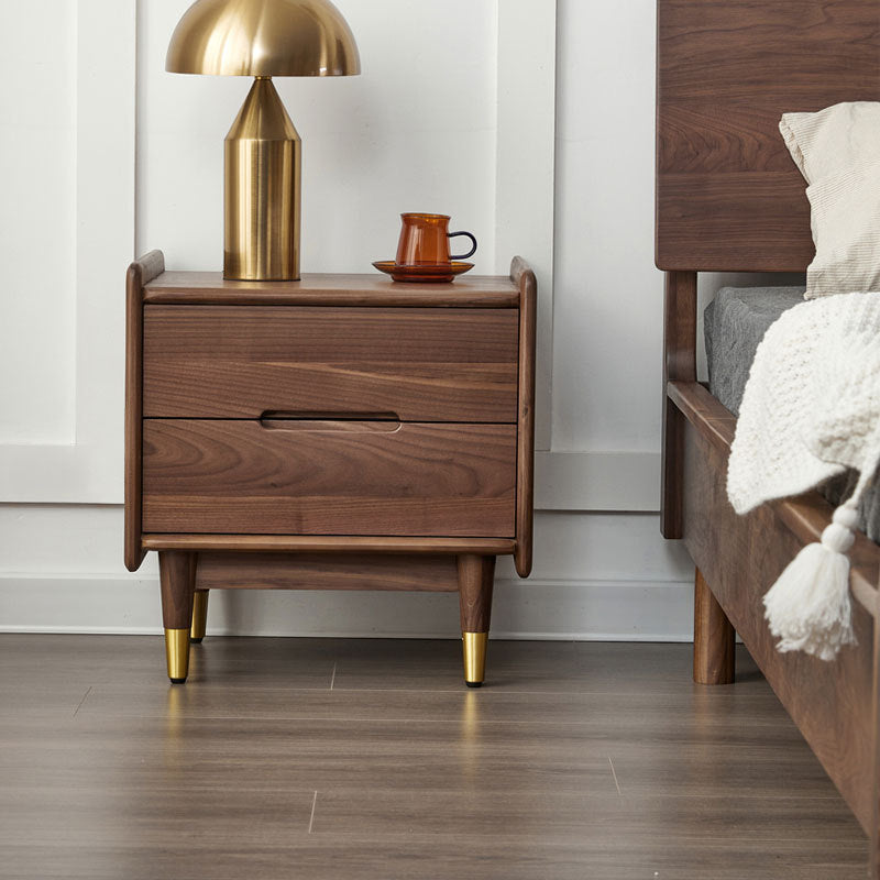Table de nuit carrée contemporaine scandinave en noyer noir avec 2 tiroirs pour chambre 