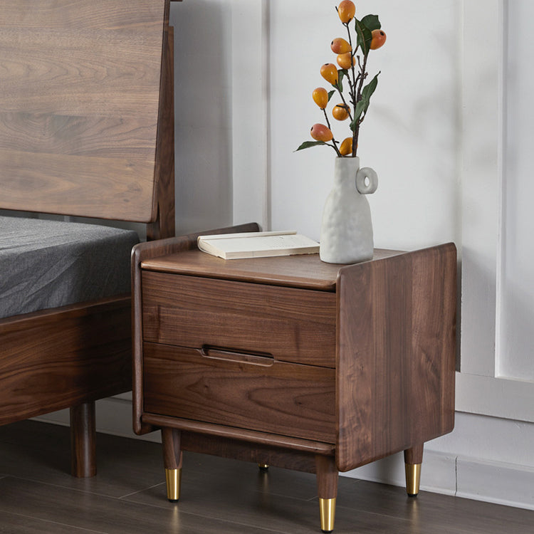 Table de nuit carrée contemporaine scandinave en noyer noir avec 2 tiroirs pour chambre 