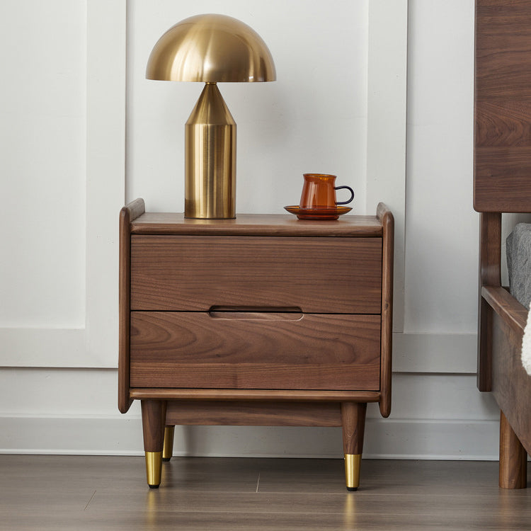 Table de nuit carrée contemporaine scandinave en noyer noir avec 2 tiroirs pour chambre 