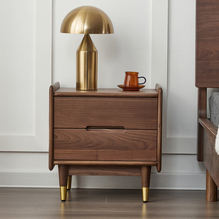 Table de nuit carrée contemporaine scandinave en noyer noir avec 2 tiroirs pour chambre 