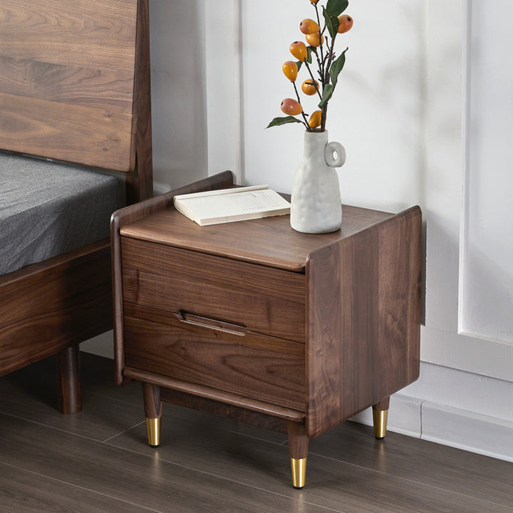 Table de nuit carrée contemporaine scandinave en noyer noir avec 2 tiroirs pour chambre 