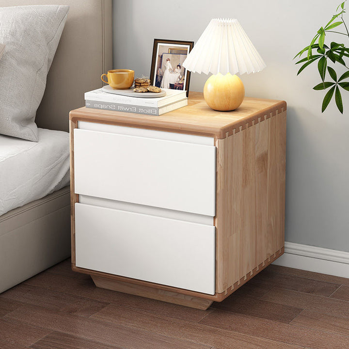 Mesita de noche cuadrada minimalista moderna de madera maciza con 2 cajones para dormitorio 