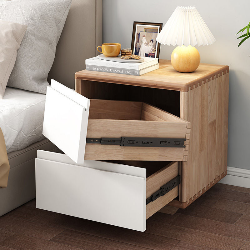 Mesita de noche cuadrada minimalista moderna de madera maciza con 2 cajones para dormitorio 