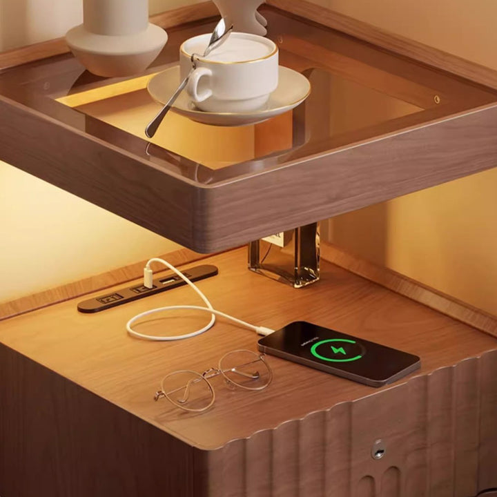 Table de chevet carrée en bois massif chinois traditionnel avec verre rayé et 2 tiroirs pour chambre 