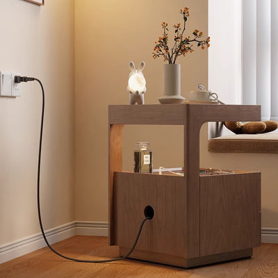 Traditional Chinese Solid Wood Glass Striped Square Nightstand With 2-Drawers For Bedroom