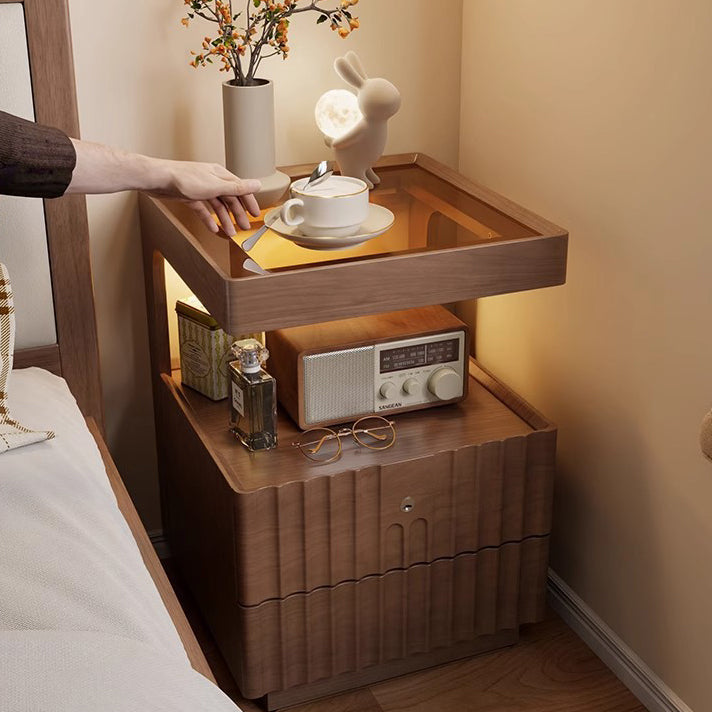 Table de chevet carrée en bois massif chinois traditionnel avec verre rayé et 2 tiroirs pour chambre 